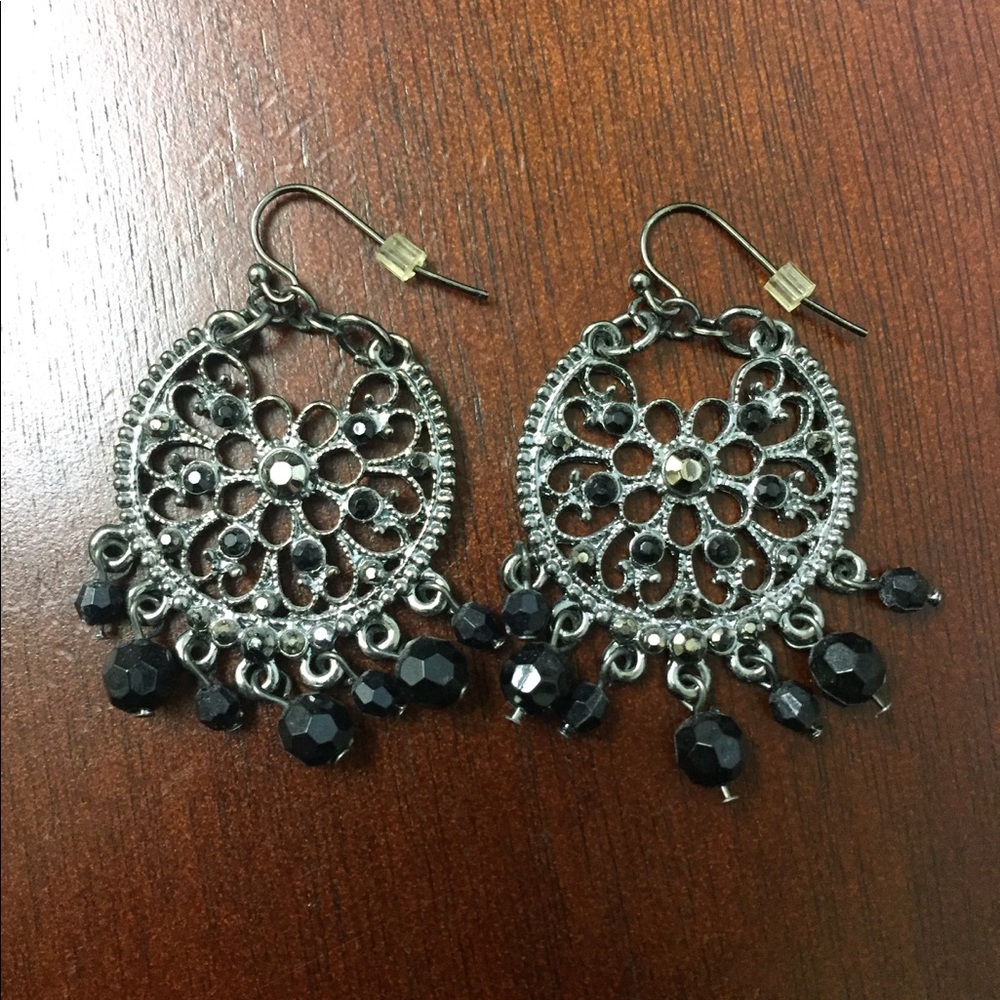 Gunmetal Grey Medallion Earrings with Black Beads